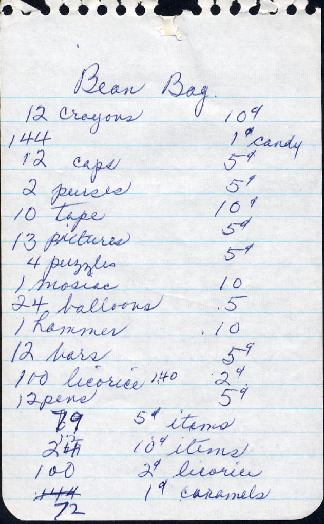 1959 Fun Night prize list for Bean Bag