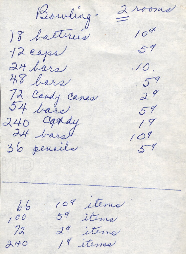 1959 Fun Night prize list for Bowling