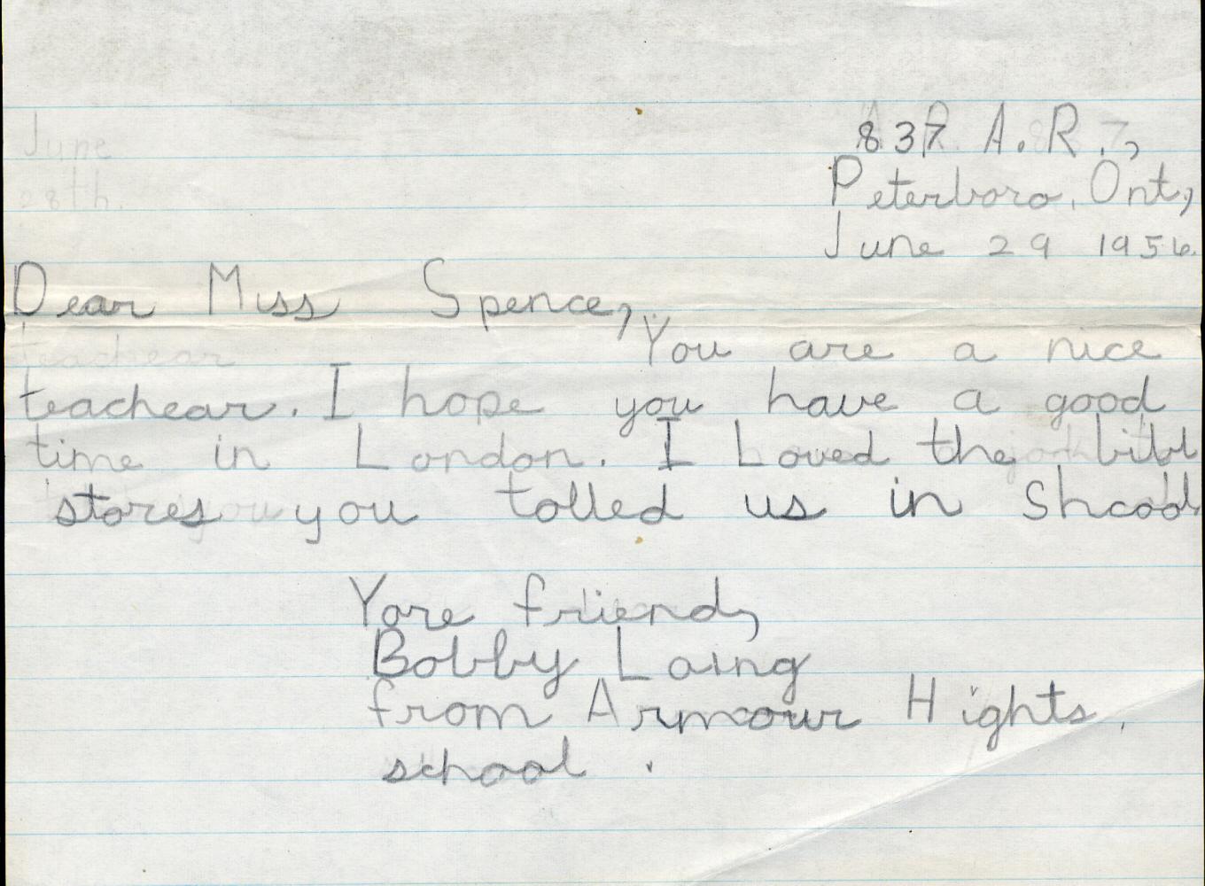 1956 Bobby Laing letter for Miss Spence