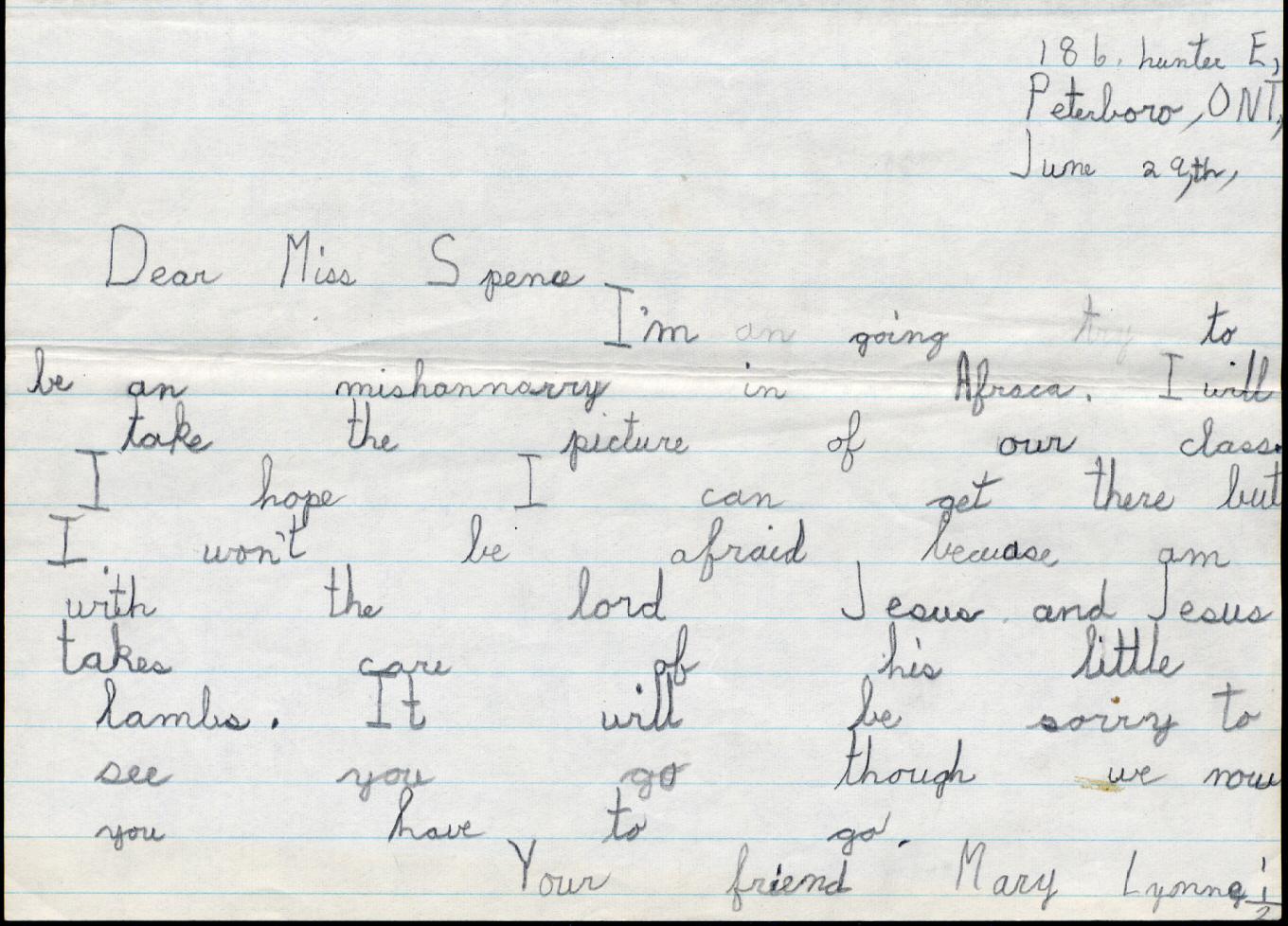 1956 Mary Lynne letter for Miss Spence