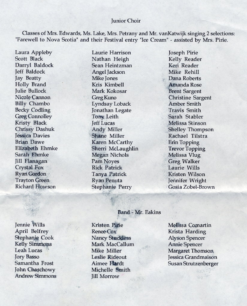 1991 Armour Heights Junior Choir and Band names