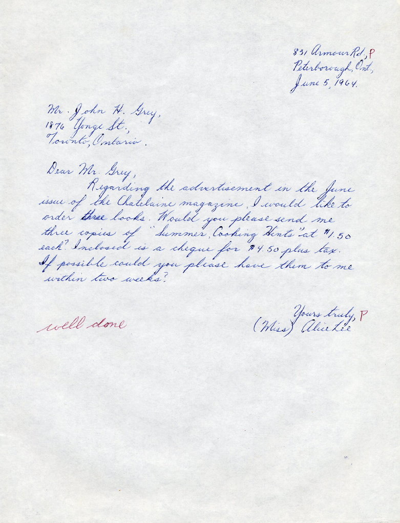 1964 Grade 8 example of ink pen writing and letter style