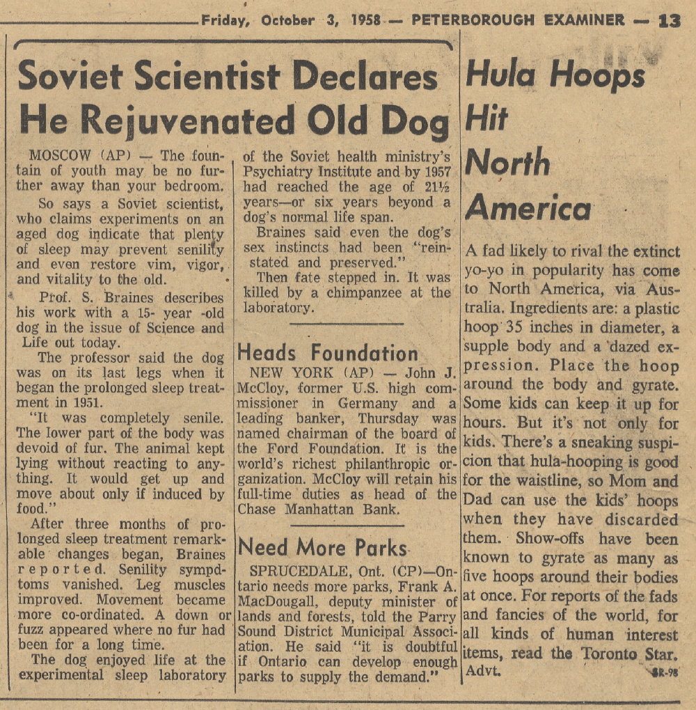 Hula Hoop and Rejuvinated Dog Examiner Oct 3 1958 p13